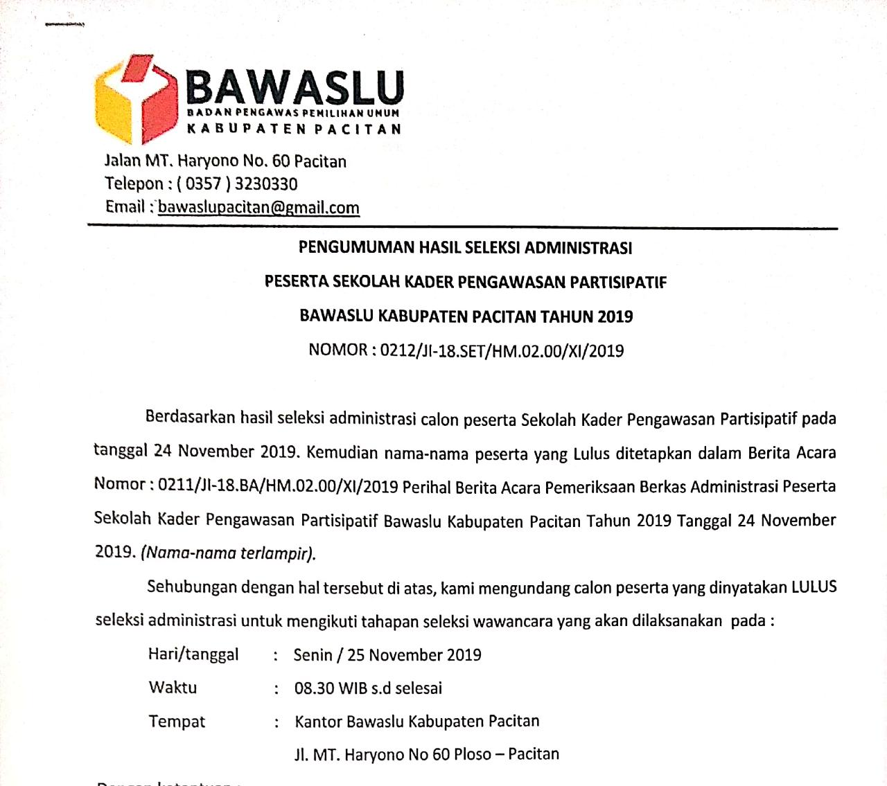 Pengumuman Hasil Seleksi Administrasi Sekolah Kader Pengawasan Partisipatif