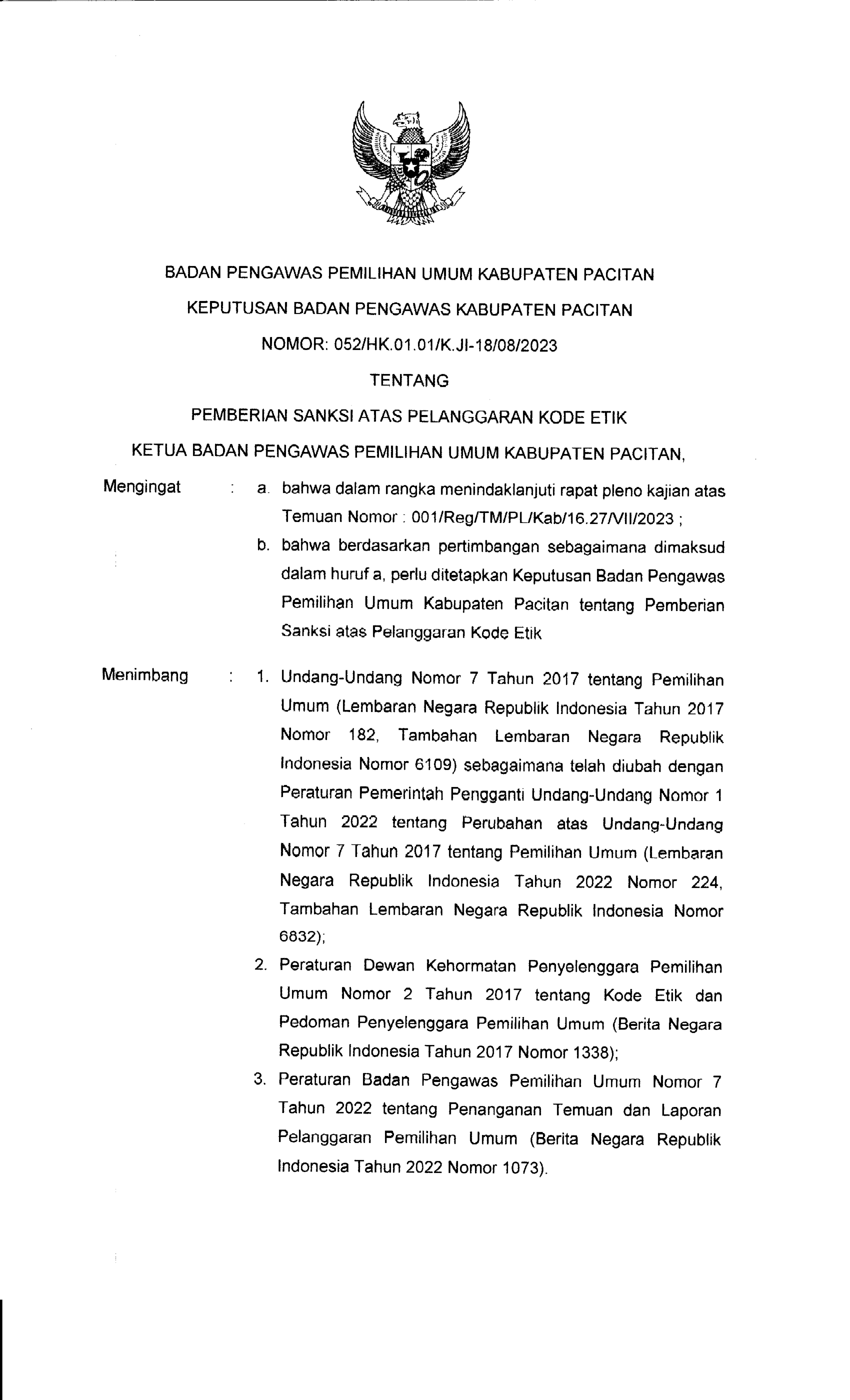 Keputusan Badan Pengawas Pemilihan Umum Kabupaten Pacitan Nomor 052/HK.01.01/K.JI-18/08/2023 Tentang Pemberian Sanksi Atas Pelanggaran Kode Etik