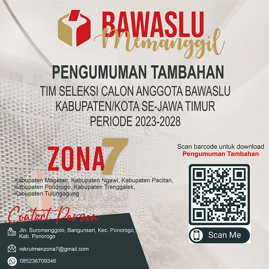 PENGUMUMAN TAMBAHAN TIM SELEKSI CALON ANGGOTA BAWASLU KABUPATEN/KOTA MASA JABATAN 2023 – 2028