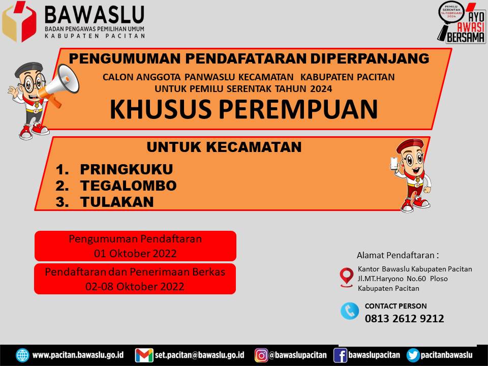 PENGUMUMAN PERPANJANGAN PENDAFTARAN PANWASLU KECAMATAN KHUSUS KUOTA PEREMPUAN