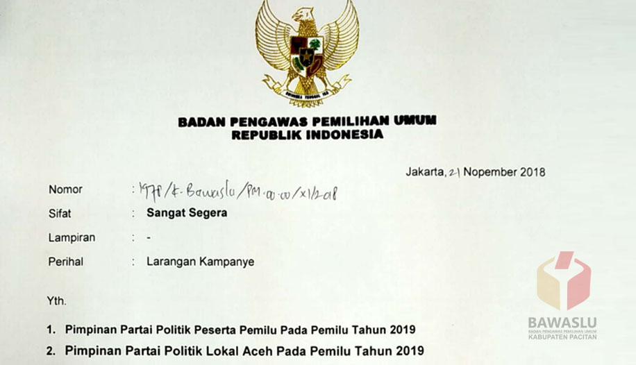 Surat Bawaslu tentang Larangan Kampanye pada Pemilu Tahun 2019