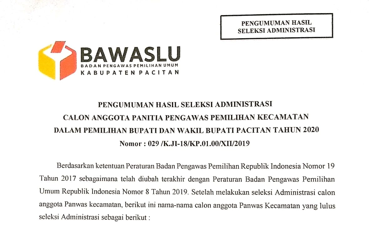 Pengumuman Hasil Seleksi Administrasi Calon Anggota Panitia Pengawas Pemilihan Kecamatan