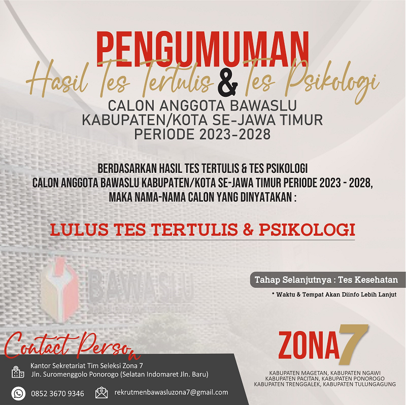 PENGUMUMAN HASIL TES TERTULIS & TES PSIKOLOGI BAKAL CALON ANGGOTA BAWASLU KABUPATEN/KOTA SE-JAWA TIMUR ZONA 7 MASA JABATAN 2023-2028