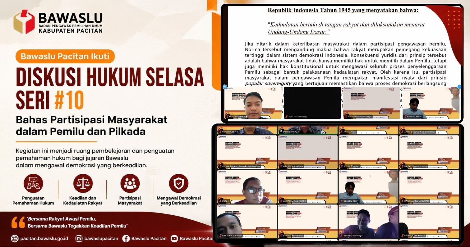 Bawaslu Pacitan Ikuti Diskusi Hukum Selasa Seri #10, Bahas Partisipasi Masyarakat dalam Pemilu dan Pilkada