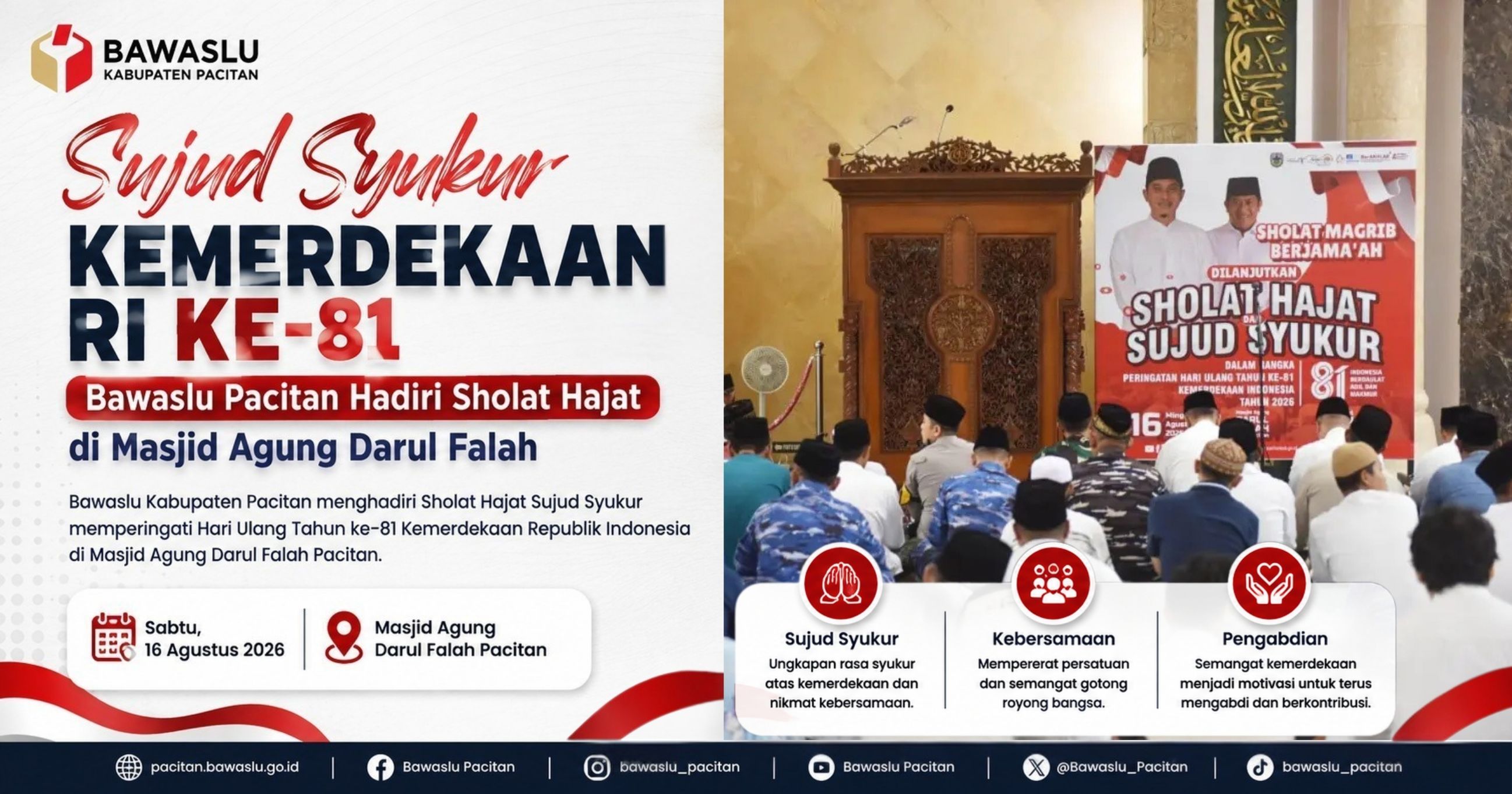 Sujud Syukur Kemerdekaan RI ke-81, Bawaslu Pacitan Hadiri Sholat Hajat di Masjid Agung Darul Falah