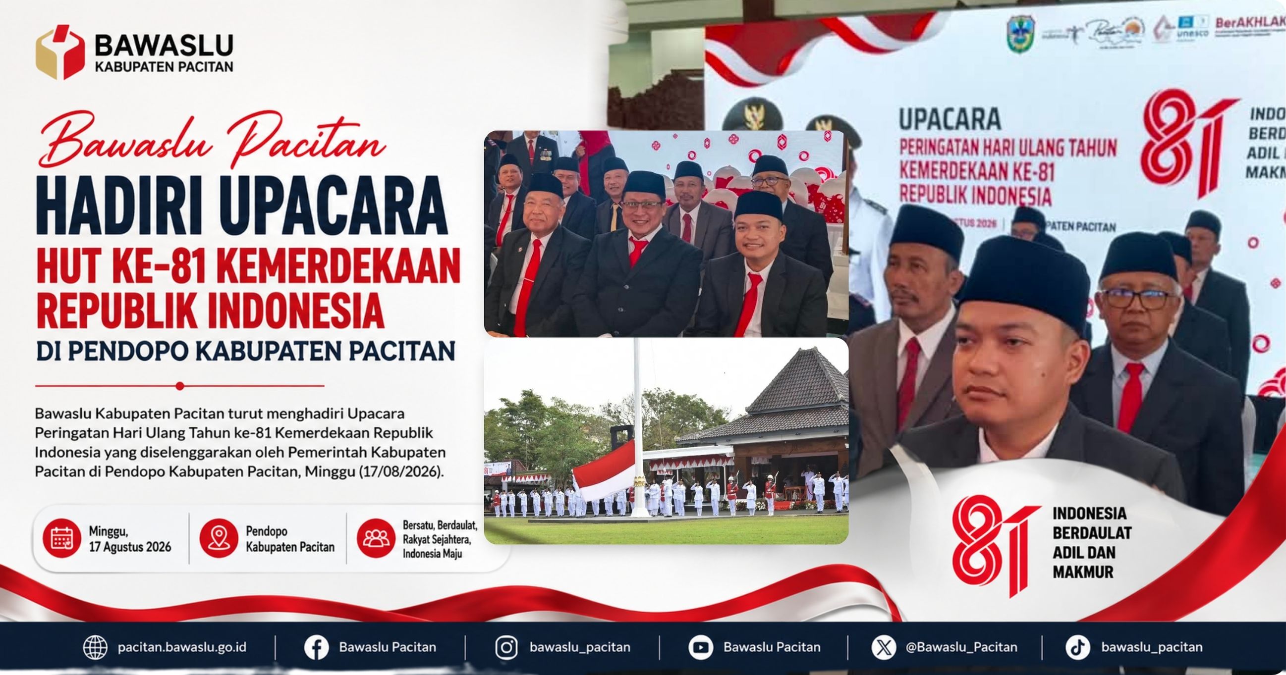 Bawaslu Pacitan Hadiri Upacara HUT ke-81 Kemerdekaan RI di Pendopo Kabupaten