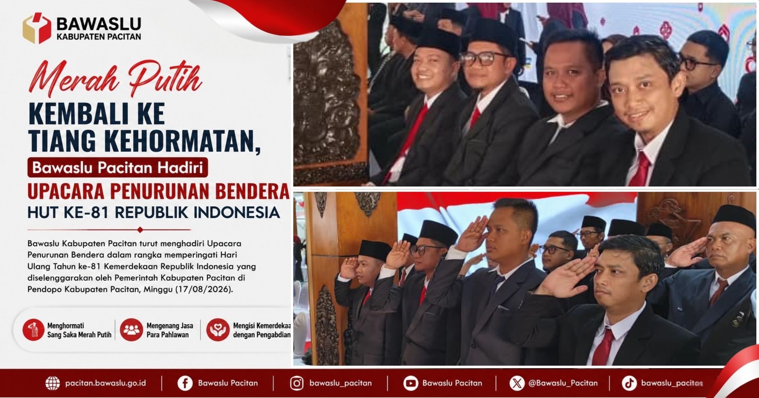 Merah Putih Kembali ke Tiang Kehormatan, Bawaslu Pacitan Hadiri Upacara Penurunan Bendera HUT ke-81 RI
