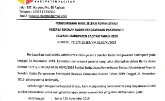 Pengumuman Hasil Seleksi Administrasi Sekolah Kader Pengawasan Partisipatif