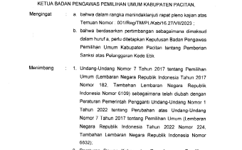 Keputusan Badan Pengawas Pemilihan Umum Kabupaten Pacitan Nomor 052/HK.01.01/K.JI-18/08/2023 Tentang Pemberian Sanksi Atas Pelanggaran Kode Etik