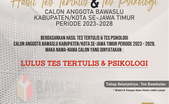 PENGUMUMAN HASIL TES TERTULIS & TES PSIKOLOGI BAKAL CALON ANGGOTA BAWASLU KABUPATEN/KOTA SE-JAWA TIMUR ZONA 7 MASA JABATAN 2023-2028